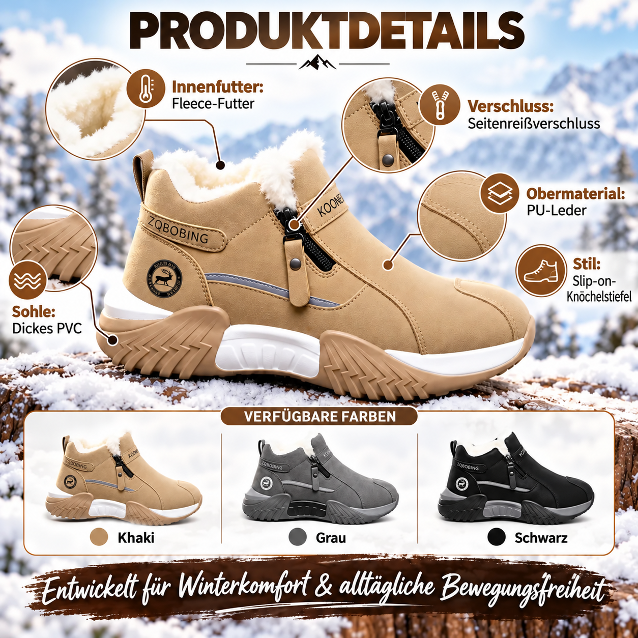 Warm Fleece Winter Snow Boots with Side Zip | Anti-Slip Outdoor Ankle Shoes