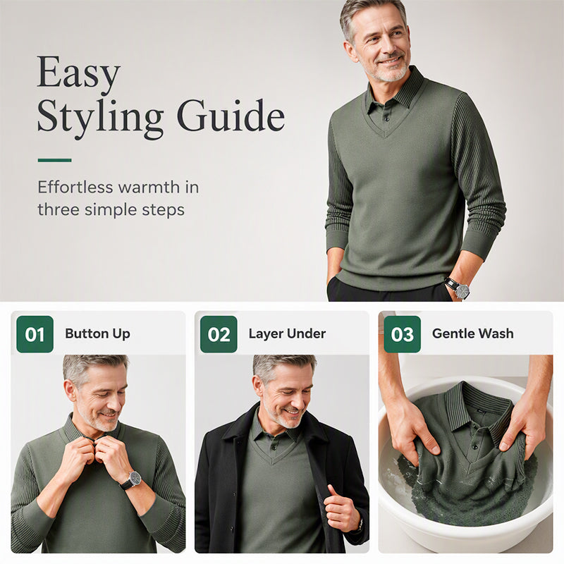Herrwert Herren-Langarmshirt im 2-in-1-Look mit Fleece-Futter für winterliche Wärme und hohen Alltagskomfort