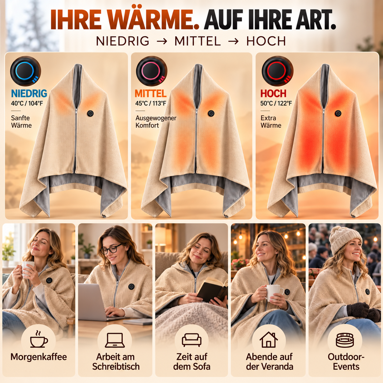 ✨ Nur heute: 50 % RABATT 🔥 Tragbare beheizbare Decken-Schal-Kombination | USB-betriebene Wärme für Zuhause, Arbeit & unterwegs