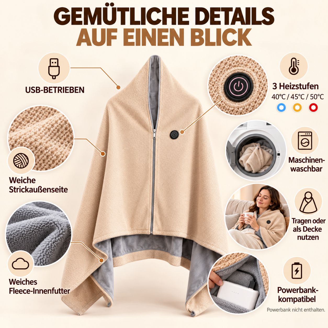✨ Nur heute: 50 % RABATT 🔥 Tragbare beheizbare Decken-Schal-Kombination | USB-betriebene Wärme für Zuhause, Arbeit & unterwegs