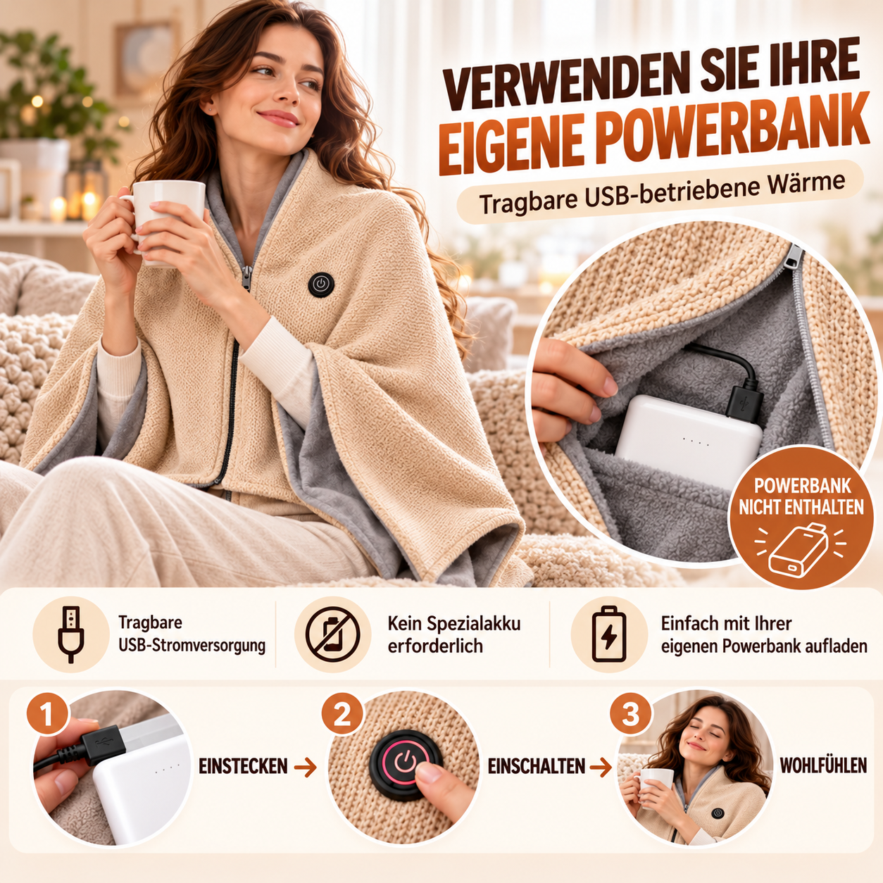 ✨ Nur heute: 50 % RABATT 🔥 Tragbare beheizbare Decken-Schal-Kombination | USB-betriebene Wärme für Zuhause, Arbeit & unterwegs