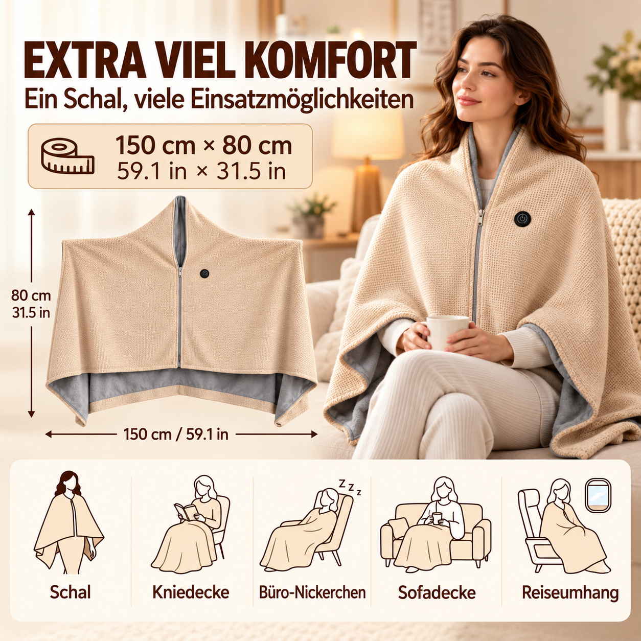 ✨ Nur heute: 50 % RABATT 🔥 Tragbare beheizbare Decken-Schal-Kombination | USB-betriebene Wärme für Zuhause, Arbeit & unterwegs