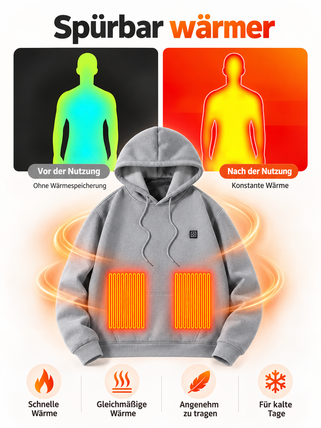 Herrwert | Beheizbarer Herren-Kapuzenpullover mit USB-Powerbank und 3 Heizstufen