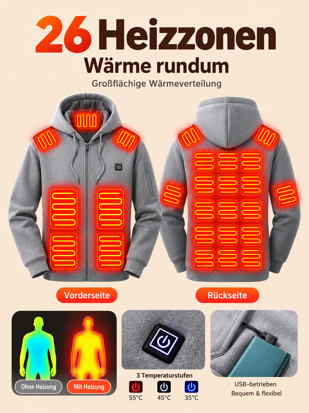 Herrwert | Beheizbarer Herren-Kapuzenpullover mit USB-Powerbank und 3 Heizstufen
