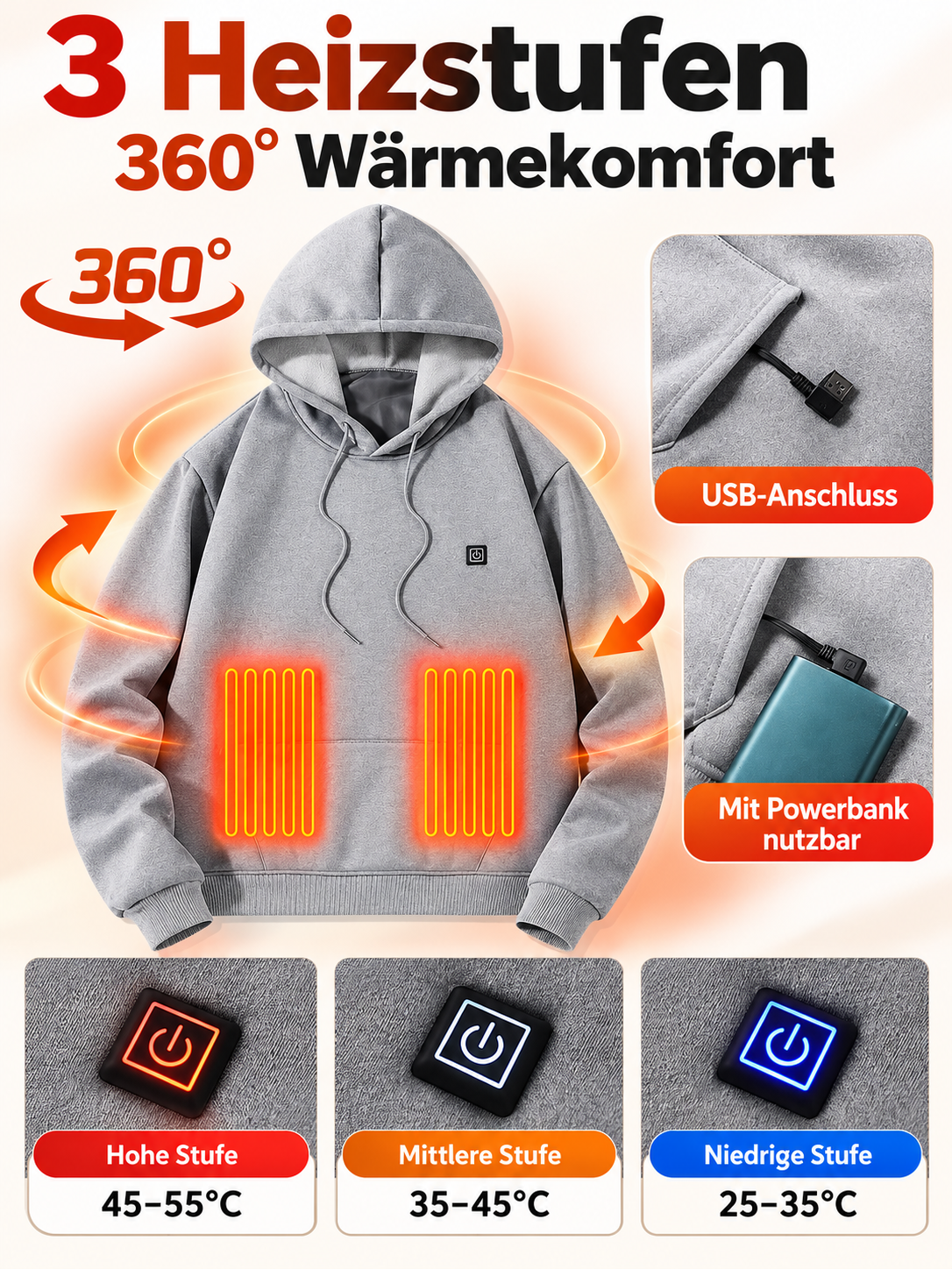 Herrwert | Beheizbarer Herren-Kapuzenpullover mit USB-Powerbank und 3 Heizstufen