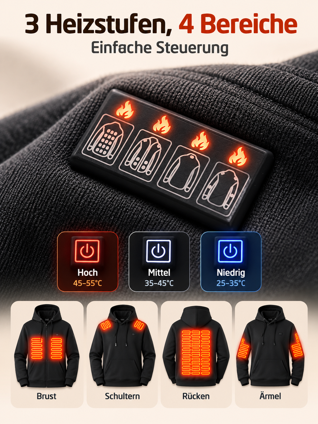 Herrwert | Beheizbarer Herren-Kapuzenpullover mit USB-Powerbank und 3 Heizstufen