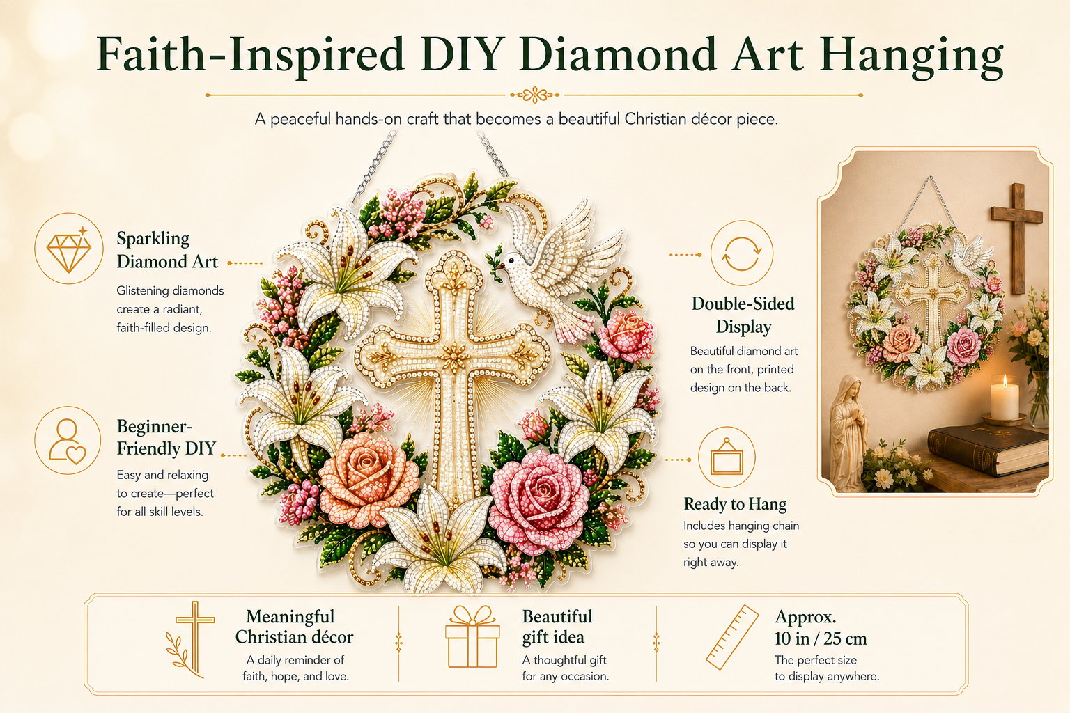 ✝️💐 Sada závesných diamantových ozdôb s krížom, kvetmi a holubicou – relaxačné DIY remeslo plné viery a pokoja ✨🙏