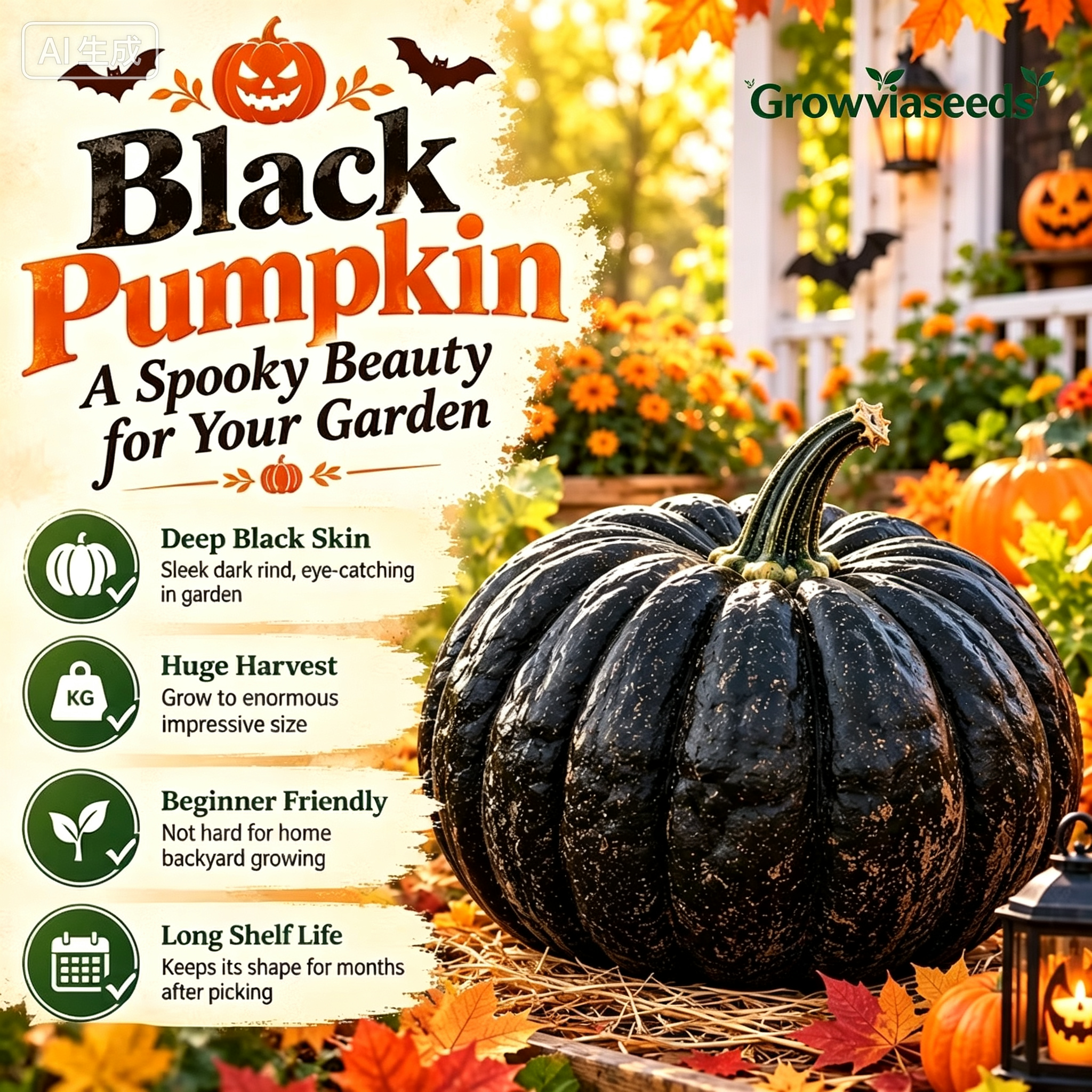 🎃🖤 Obrovské čierne tekvicové semená 💥 Vypestujte si temnú a dramatickú hviezdu halloweenskej záhrady