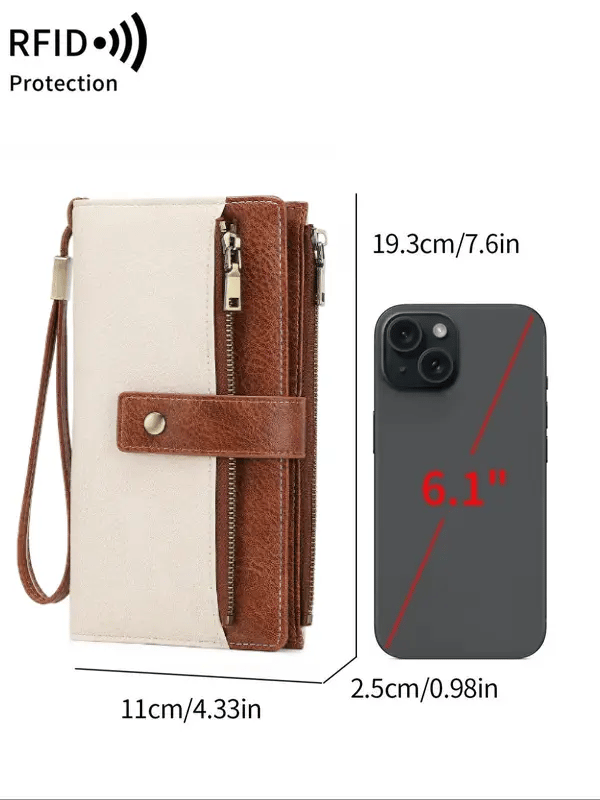 Дамско дълго портмоне, стилен клъч, елегантно едноцветно кожено портмоне с RFID защита