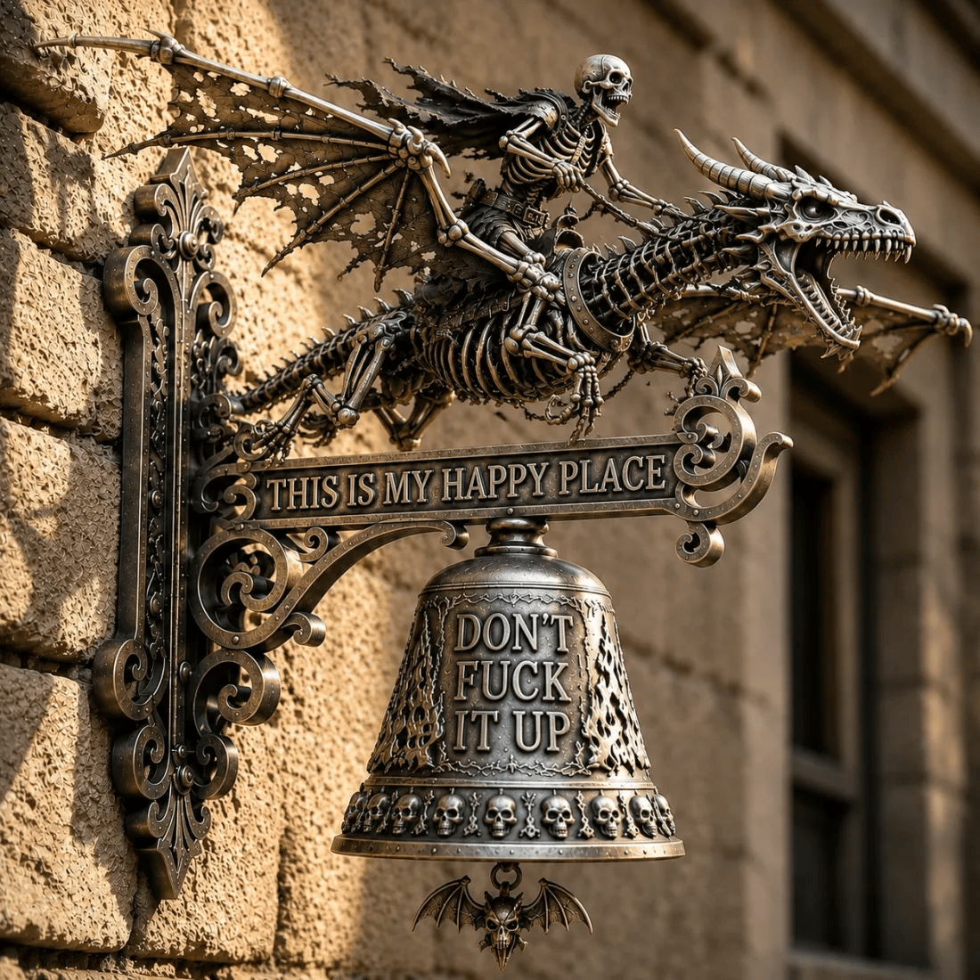 🐉 Zvonček s lebkou a drakom – nástenný zvonček „Toto je moje šťastné miesto“