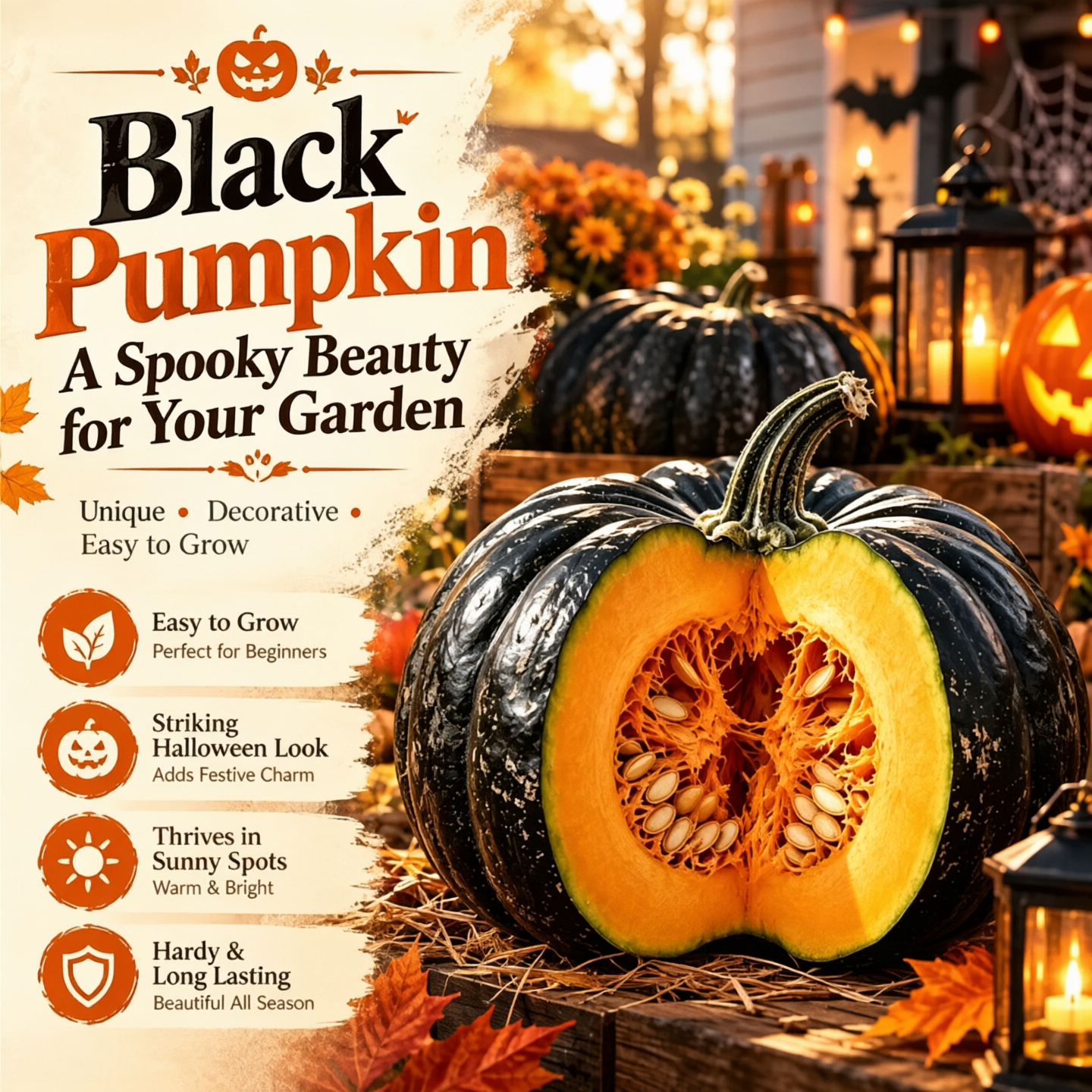 🎃🖤 Obrovské čierne tekvicové semená 💥 Vypestujte si temnú a dramatickú hviezdu halloweenskej záhrady