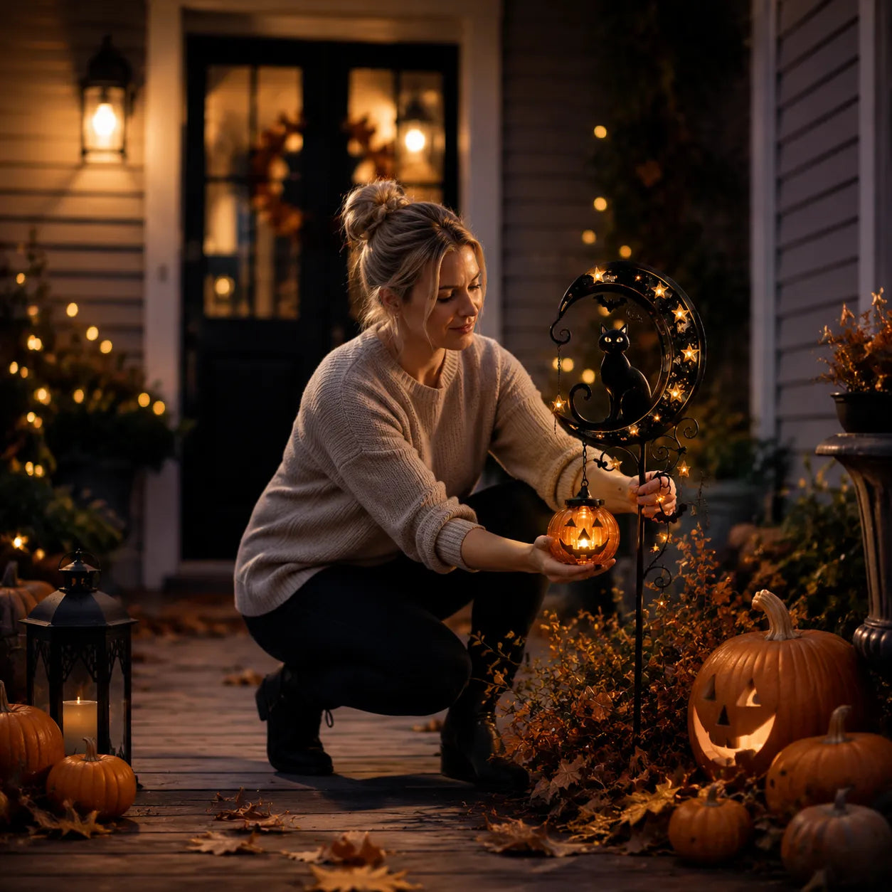 🌙 Solárne záhradné svetlo s čiernou mačkou – Vytvorte si na záhrade magickú halloweensku žiaru
