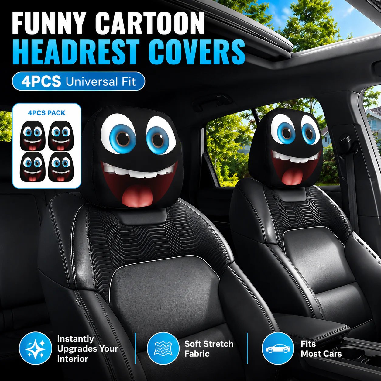 😆Vtipné kreslené poťahy na opierky hlavy do auta – 2 ks univerzálne 🚗