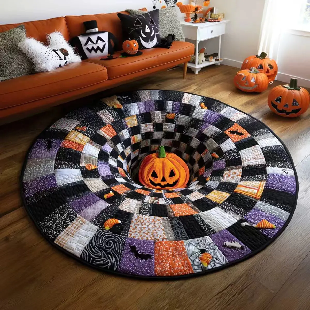 🔥Posledná akcia🎃Prešívaný okrúhly halloweenský koberec s 3D kostrou a vírom