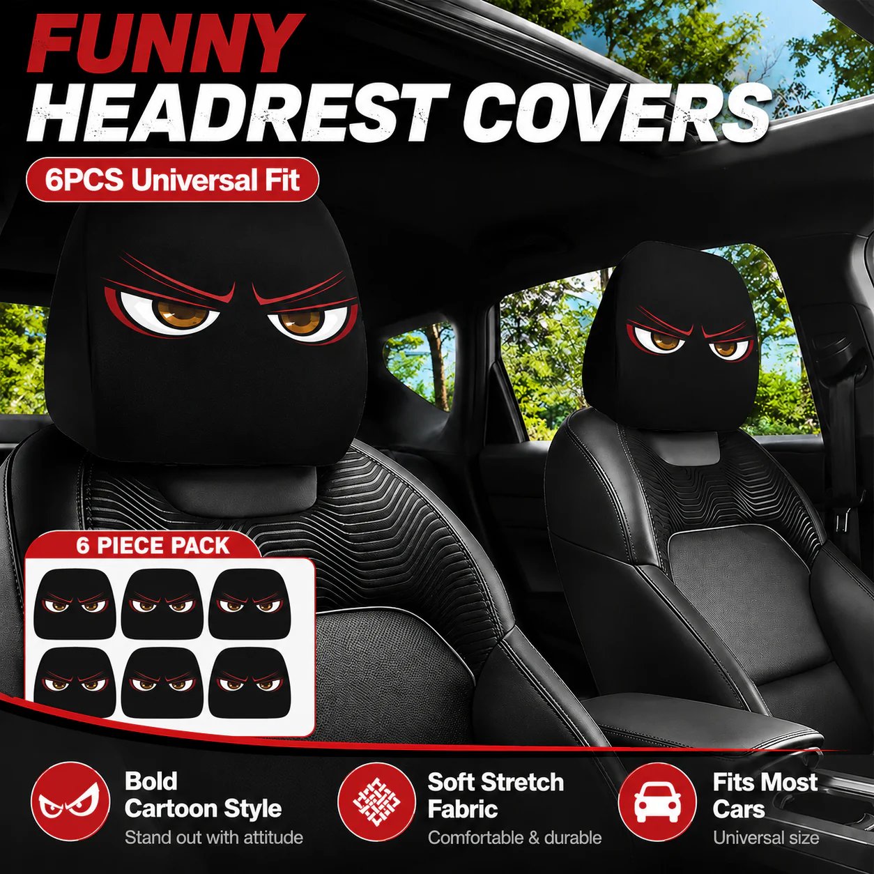 😆Vtipné kreslené poťahy na opierky hlavy do auta – 2 ks univerzálne 🚗