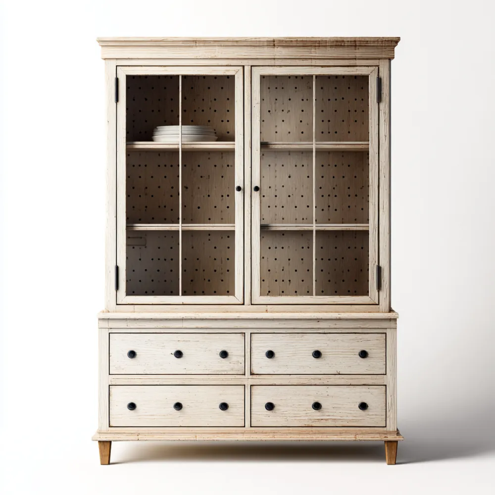 Vetrina in Legno Massello con Ripiani e Cassetti 120x40x200 cm - Bianco Antico - Rustico