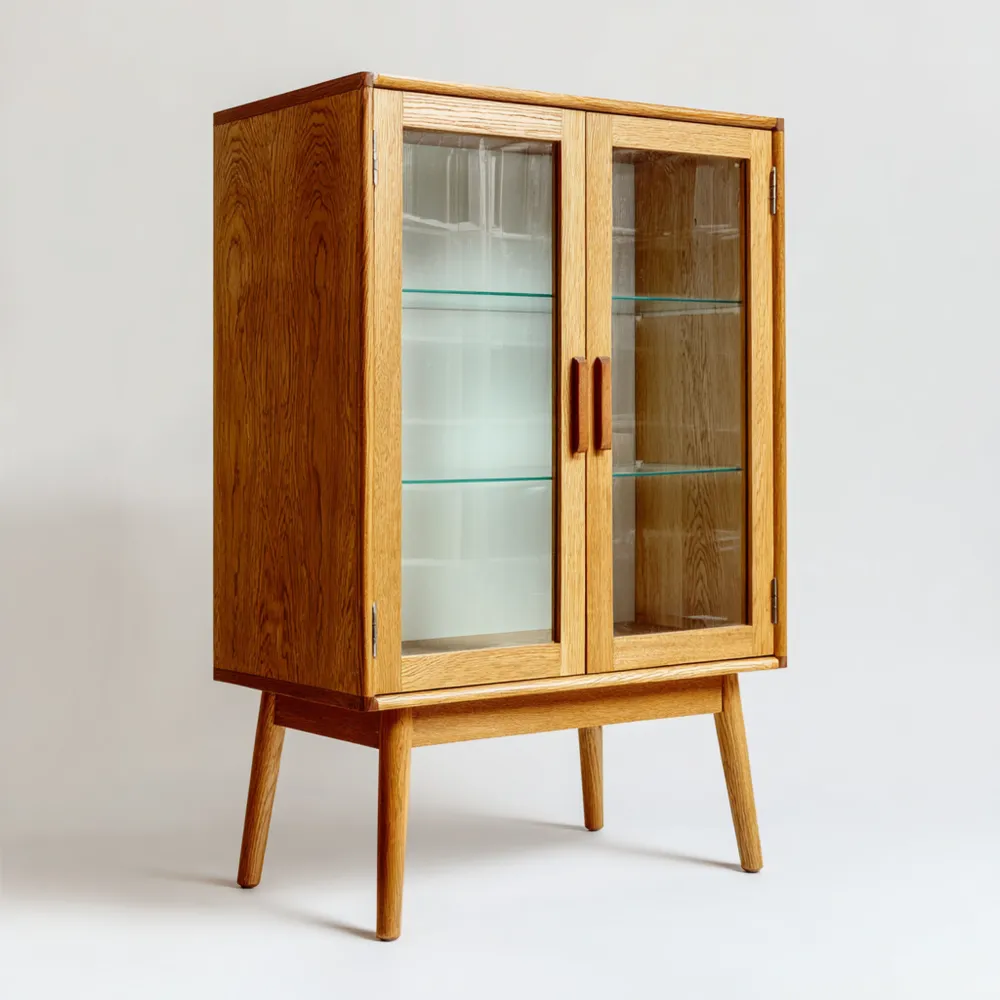 Credenza in legno massello vetro 80x40x120 cm – Colore Naturale – Stile Moderno