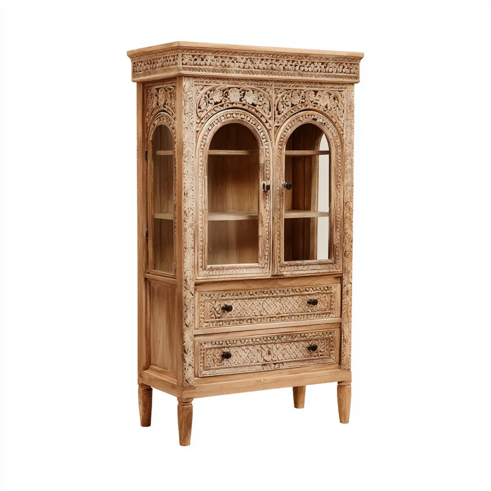 Vetrina in legno intagliato 120x50x200 cm – Naturale