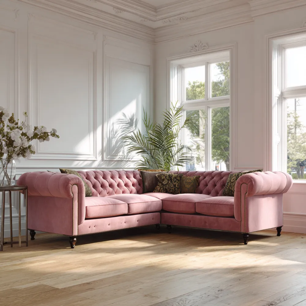 Ecksofa Samt 280x90x70 cm - Rosa - Chesterfield-Stil-Decorhaveny