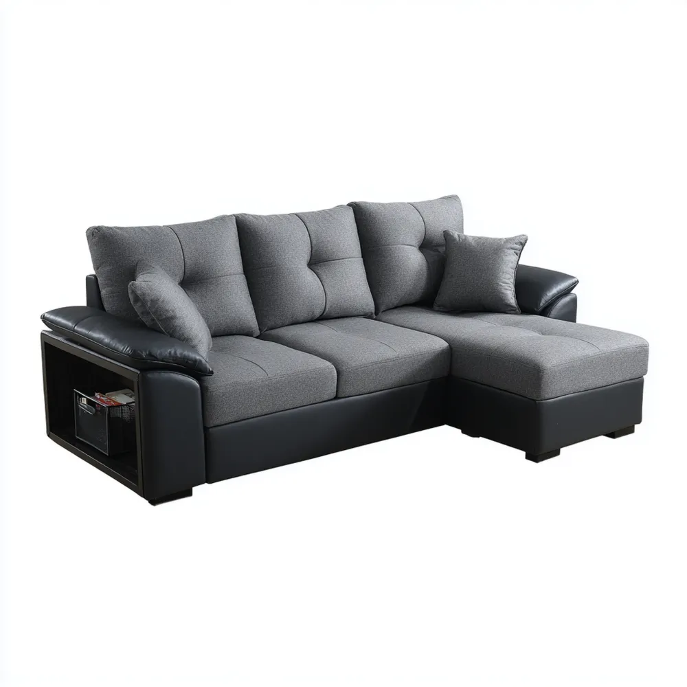Canapé d'angle 250x150x85 cm en tissu et simili cuir – Gris Foncé et Noir – Design moderne