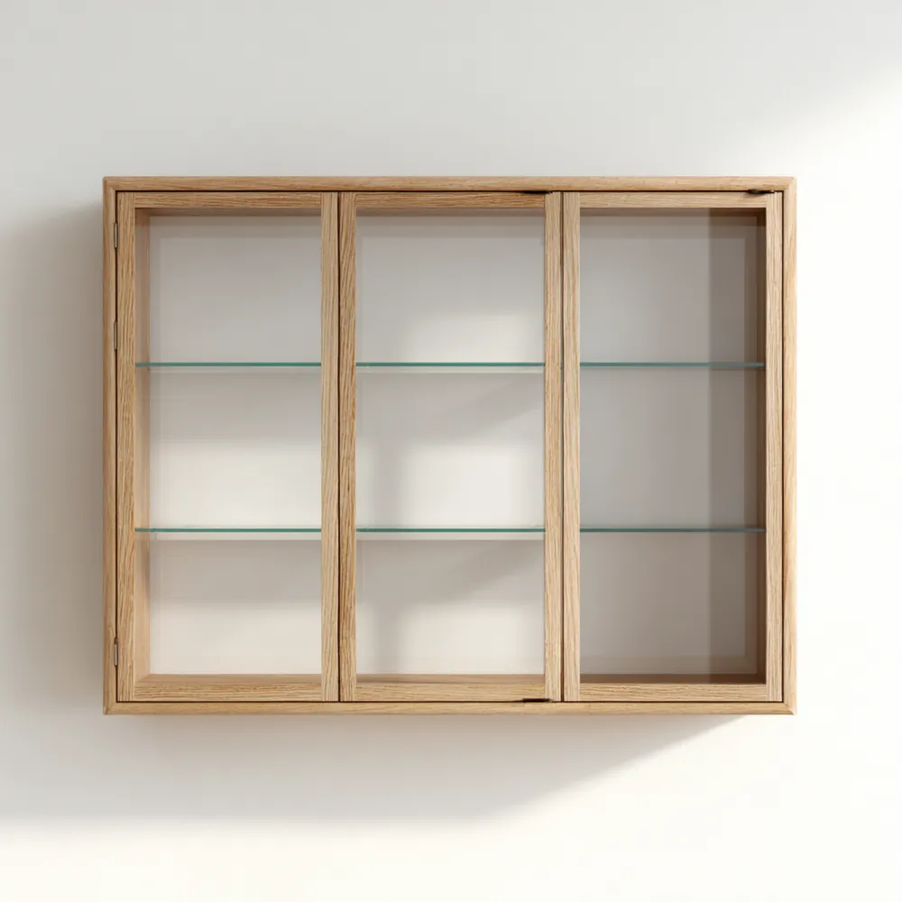 Vetrina da Parete in Legno e Vetro 80x60x15 cm - Naturale - Design Moderno