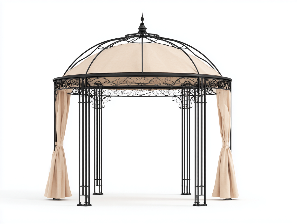 Gazebo de jardín de metal 200x200x260cm - negro/beige - para exterior - estructura con cortinas