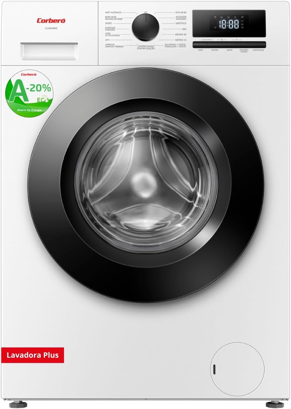Corberó CLH8405ME Lavadora Carga Frontal 8Kg 1400RPM - Motor Inverter, 15 Programas, Vapor Higiénico, Antialérgica, Inicio Diferido, Blanca-Cottauphut