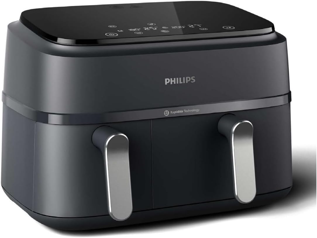 AirFryer PHILIPS NA35100 – Acero Inoxidable, 9L, Doble Cubeta, Funciones de Zona Dual, Botón Pulsador, 2750W, Negro, 38,25 x 44,39 x 31,42 cm-Cottauphut
