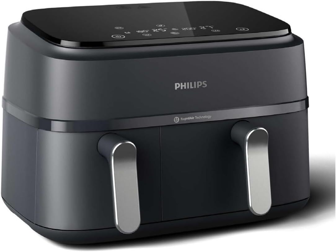 AirFryer PHILIPS NA35100 – Acero Inoxidable, 9L, Doble Cubeta, Funciones de Zona Dual, Botón Pulsador, 2750W, Negro, 38,25 x 44,39 x 31,42 cm-Cottauphut