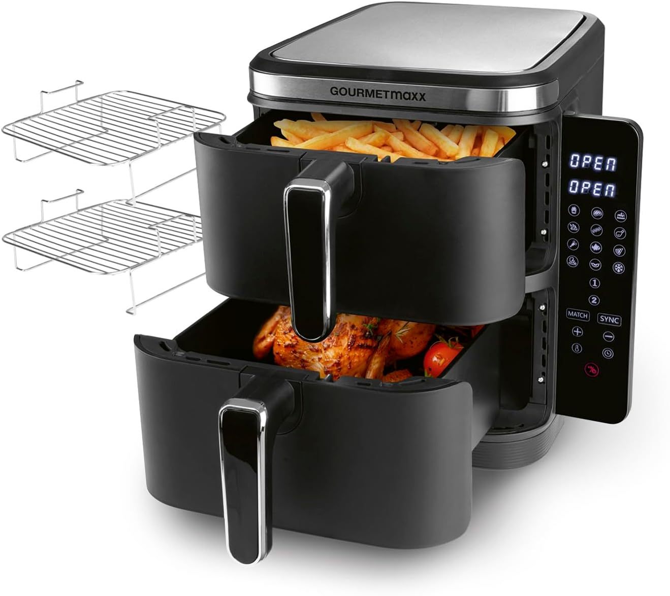 GOURMETmaxx FryUp Vertical – Freidora de Aire Caliente Doble Cámara, 10L, 4 Platos en 4 Niveles, Pantalla Táctil Plegable, Ahorro de Espacio 32%, 2 Cámaras, Negro-Cottauphut