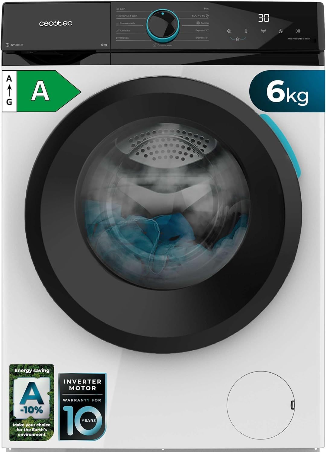 Cecotec Bolero DressCode 6160 Inverter Lavadora 6Kg 1200RPM - 11 Programas, Steam Max, Drum Clean, Rápido 15, Display LED, Blanca-Cottauphut