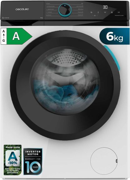 Cecotec Bolero DressCode 6160 Inverter Lavadora 6Kg 1200RPM - 11 Programas, Steam Max, Drum Clean, Rápido 15, Display LED, Blanca-Cottauphut