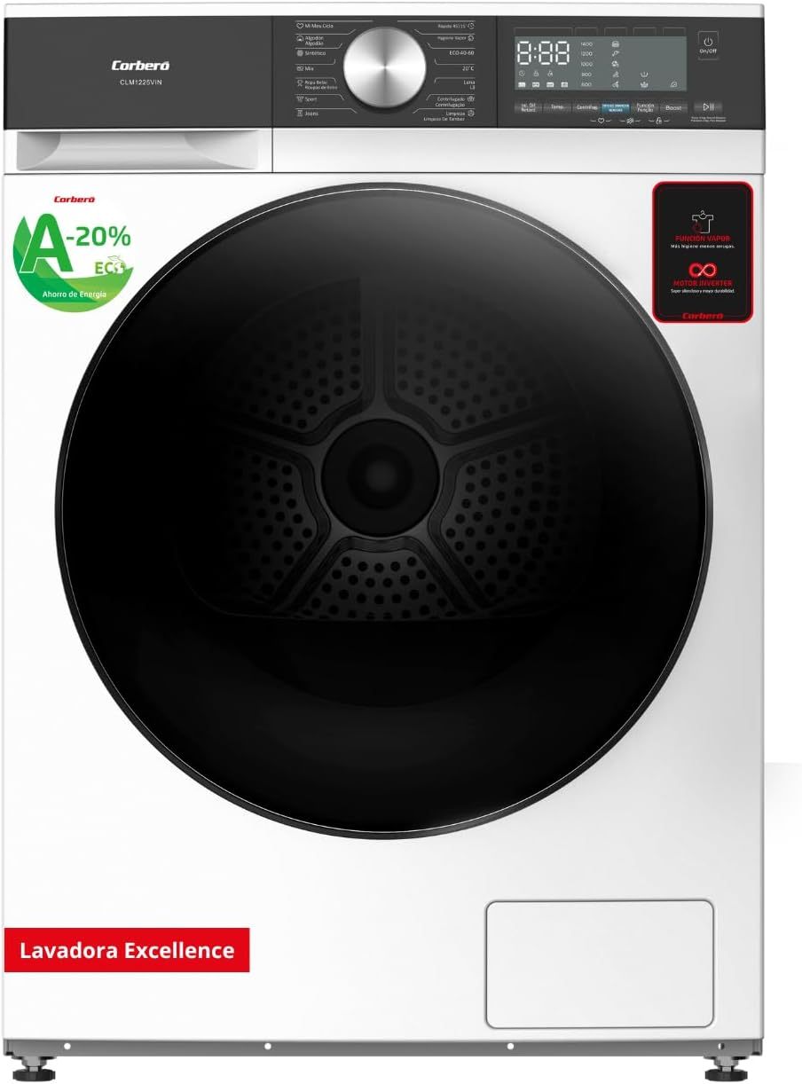Corberó Lavadora Carga Frontal Excellence CLM1225VIN 12 kg, 1400 rpm, Motor Inverter, 14 Programas con Vapor y Antialérgico, Display LED, Blanca-Cottauphut