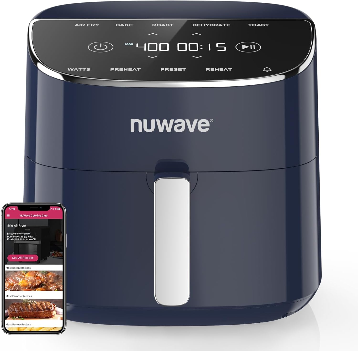 Nuwave Brio Plus Freidora de Aire 8 Qt 1800W - 7 Funciones Digitales, Revestimiento Cerámico sin PFAS, Antiadherente, Azul Profundo-Cottauphut