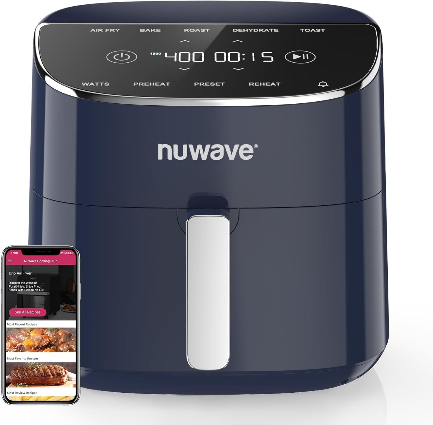 Nuwave Brio Plus Freidora de Aire 8 Qt 1800W - 7 Funciones Digitales, Revestimiento Cerámico sin PFAS, Antiadherente, Azul Profundo-Cottauphut