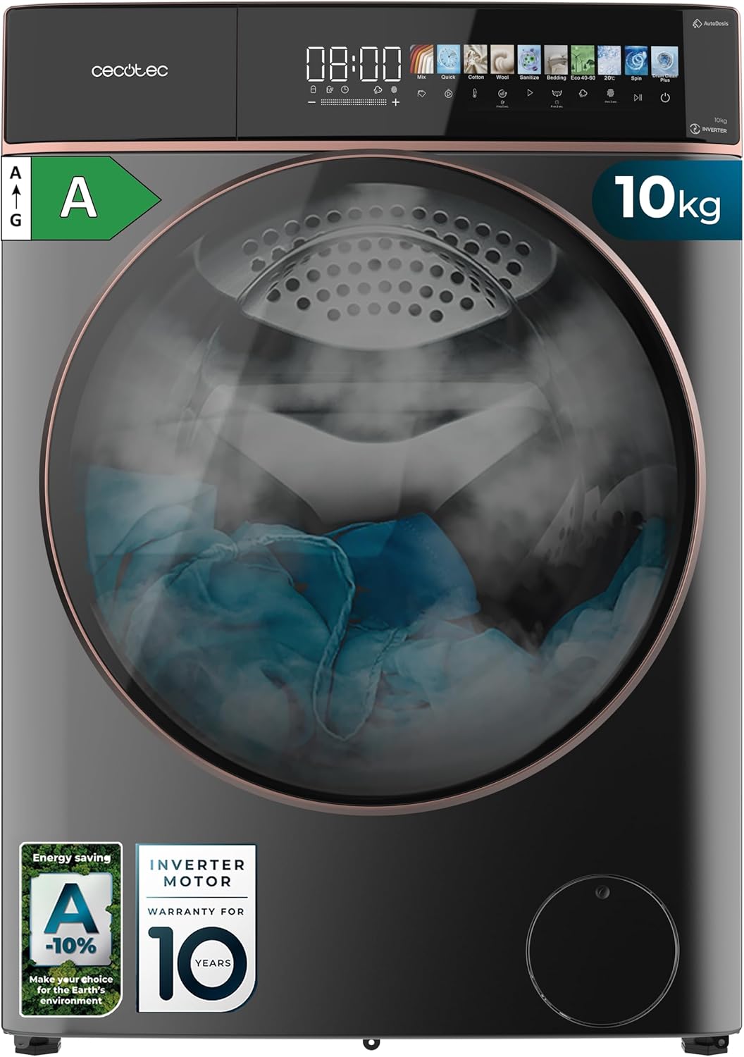 Cecotec Lavadora Bolero DressCode 10900 Autodose 10 kg, 1400 RPM, Motor Inverter Plus, Vapor, Pantalla FullColor 10,3", Clase A, Acero-Cottauphut