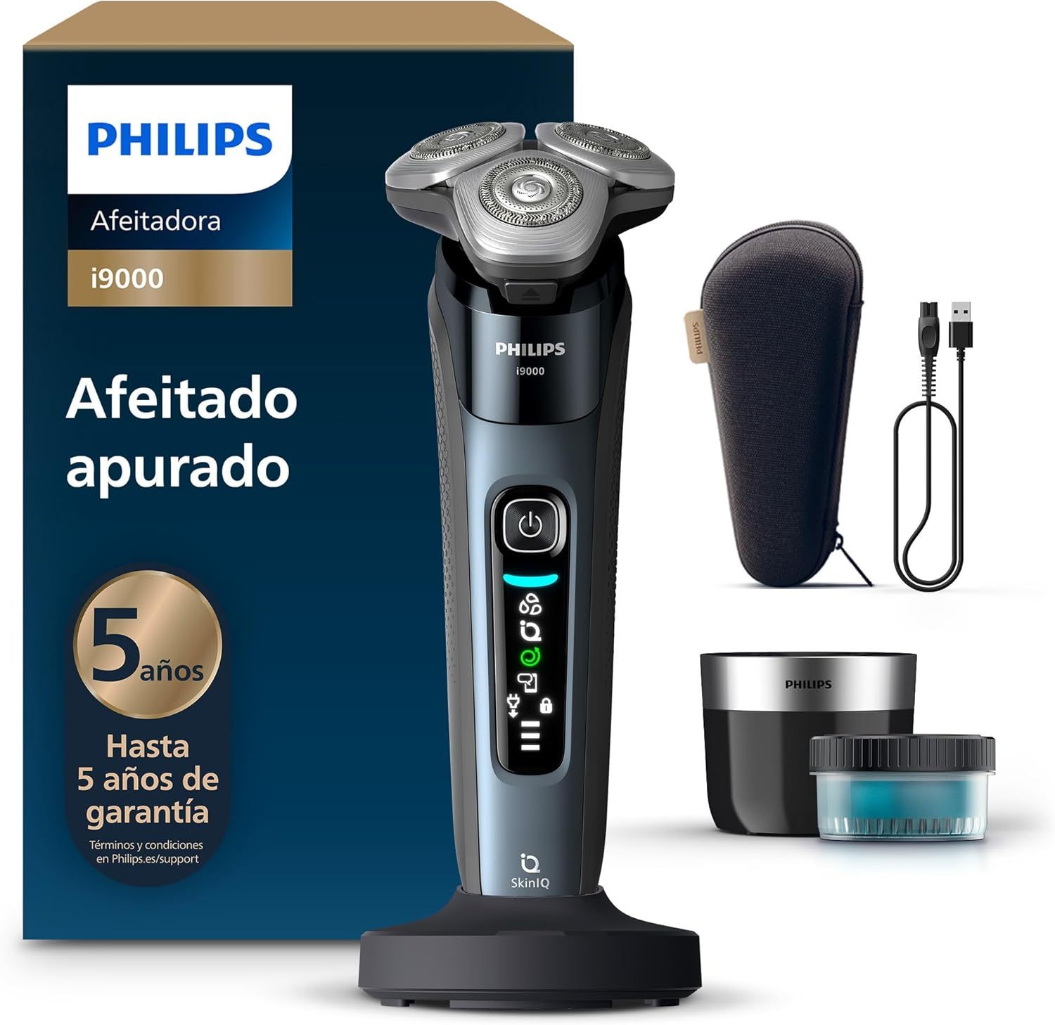 Philips i9000 Afeitadora Eléctrica Hombre X9001/30, SkinIQ, Seco y Mojado, 60 Min Autonomía, Base de Carga, Centro de Limpieza, Estuche de Viaje, Negro-Cottauphut