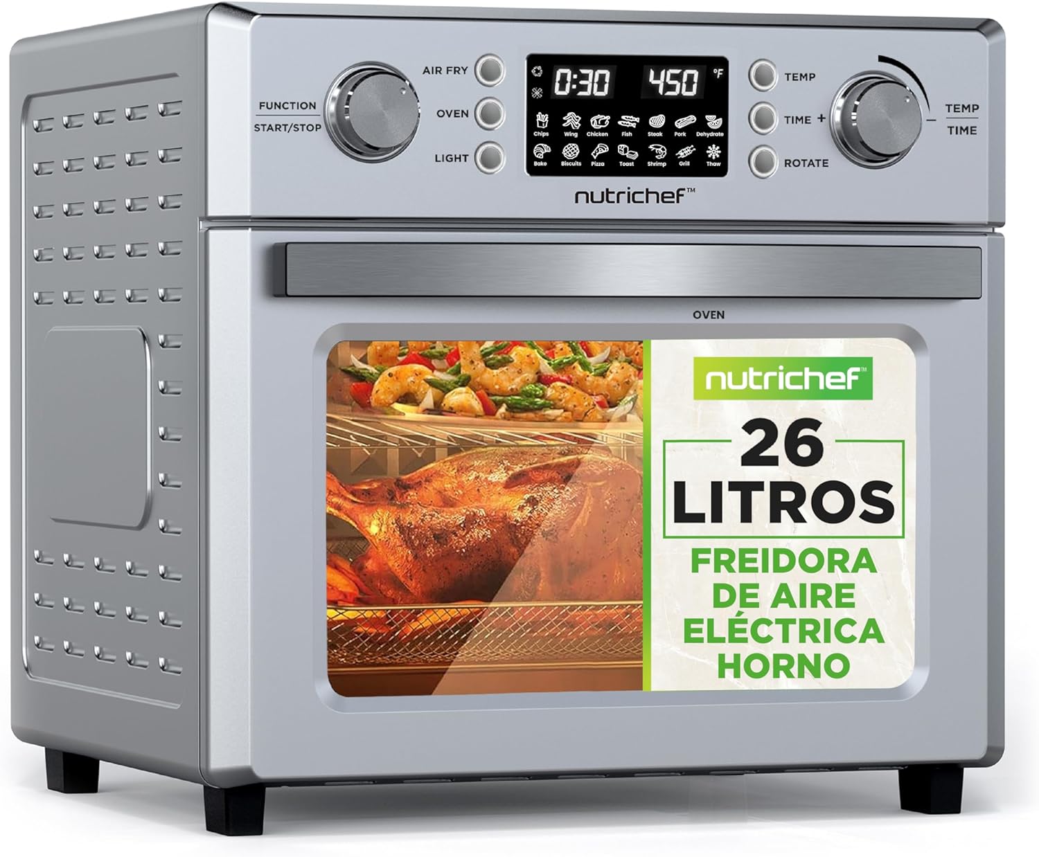 Nutrichef Freidora de Aire – 26L, Horno Eléctrico, 10 Funciones Automáticas, Incluye Bandeja Recolectora, Canasta para Freír y Rejilla para Hornear, Silver-Cottauphut