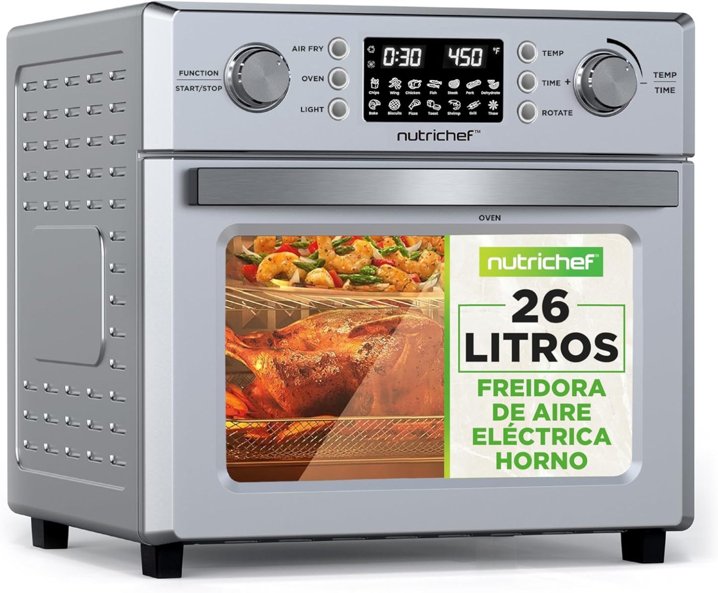 Nutrichef Freidora de Aire – 26L, Horno Eléctrico, 10 Funciones Automáticas, Incluye Bandeja Recolectora, Canasta para Freír y Rejilla para Hornear, Silver-Cottauphut
