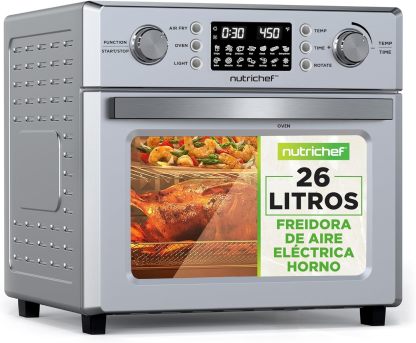 Nutrichef Freidora de Aire – 26L, Horno Eléctrico, 10 Funciones Automáticas, Incluye Bandeja Recolectora, Canasta para Freír y Rejilla para Hornear, Silver-Cottauphut