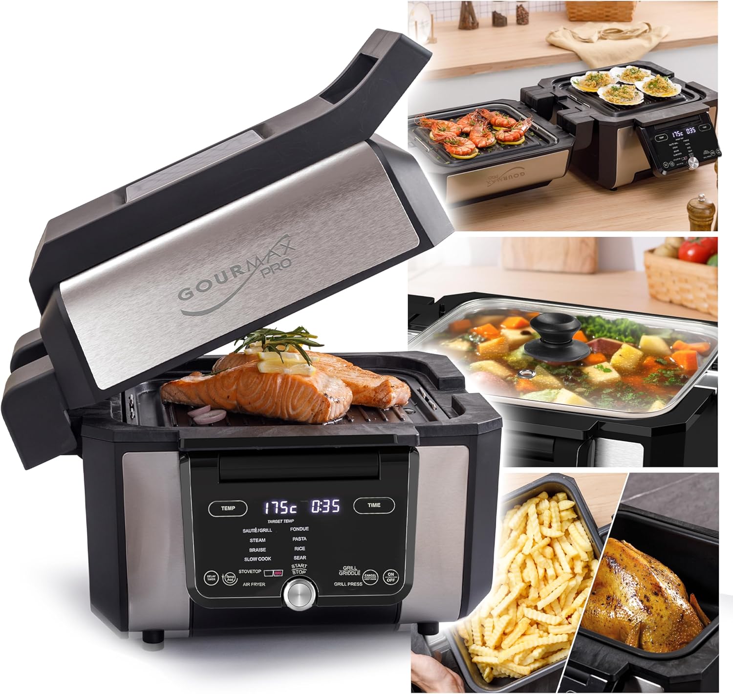 GOURMAX PRO Multifunción Air Fryer Horno Plancha Parrilla Grill-Press – 5,6L, Tapa de Vidrio, 2 Zonas XXL Independientes, 2 Recetas a la Vez, 16 Menús, Recetario, Ahorra Energía, Negro/Metálico-Cottauphut