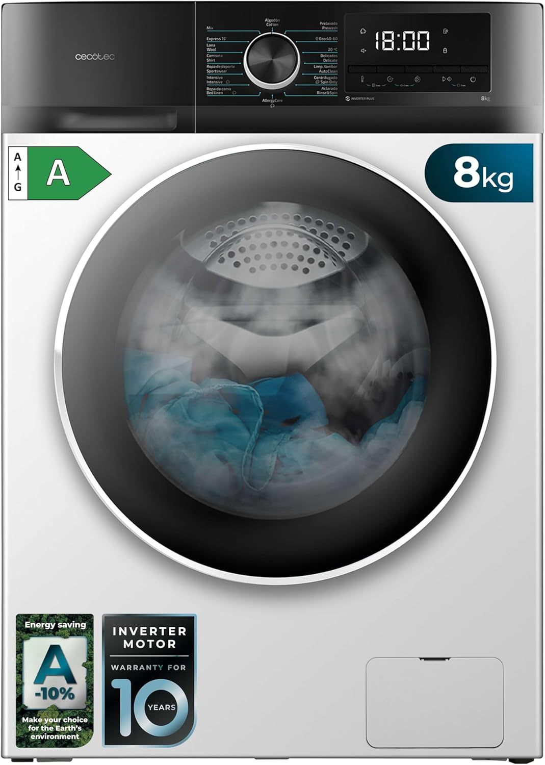 Cecotec Bolero Dresscode 8500 Inverter A Lavadora 8Kg 1400RPM 1900W - 16 Programas, SteamMax, Delay Start, Motor Inverter Plus, Blanco-Cottauphut