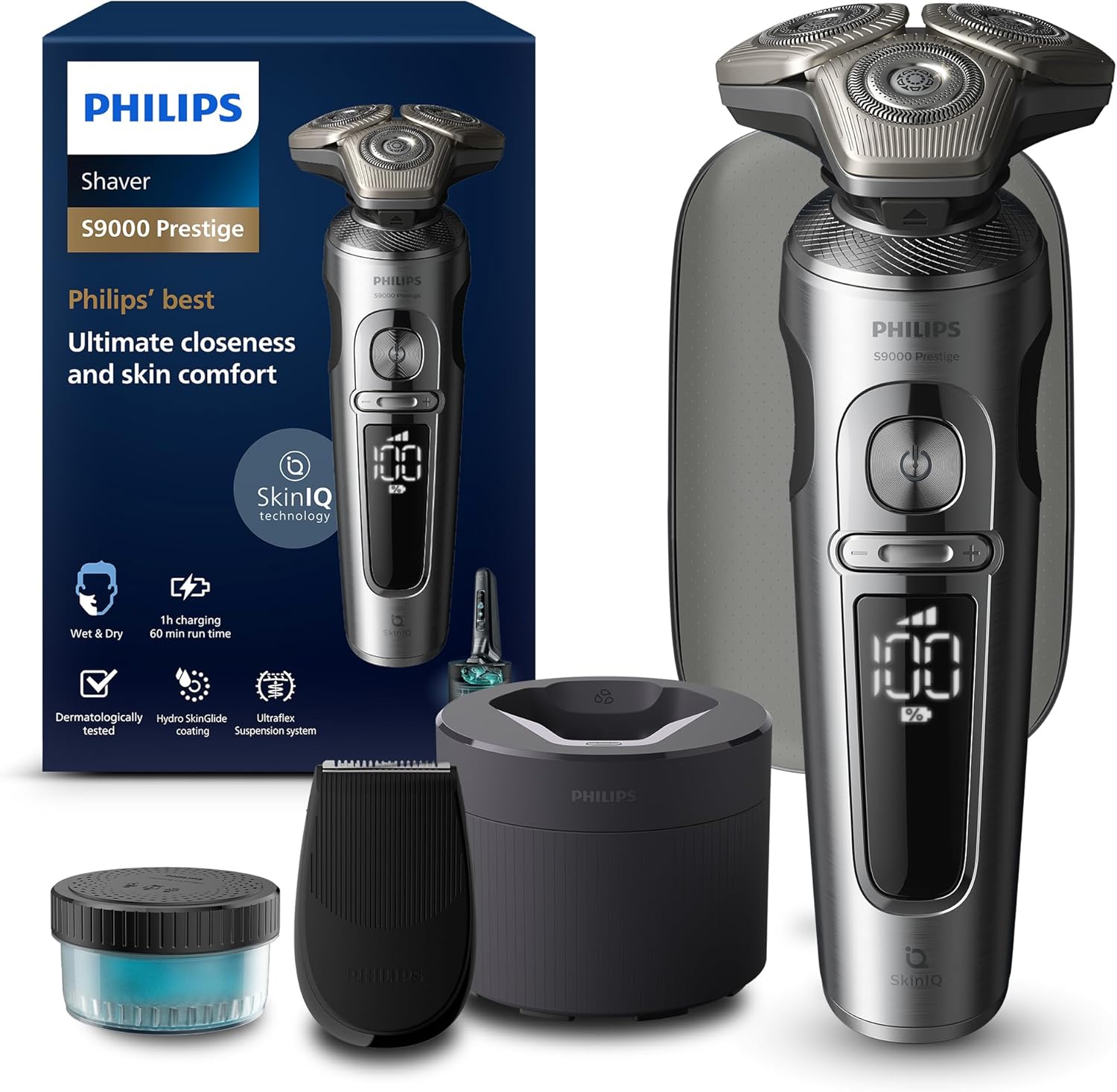 Philips S9000 Prestige Afeitadora Eléctrica Hombre SP9841/32, Tecnología Levanta y Corta SkinIQ, Seco y Mojado, Recortador de Precisión, Centro de Limpieza, Funda Premium, Negro-Cottauphut