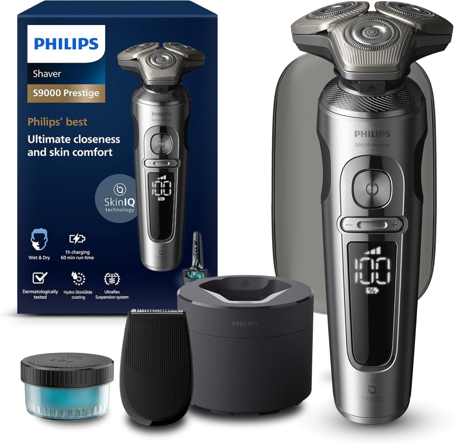 Philips S9000 Prestige Afeitadora Eléctrica Hombre SP9841/32, Tecnología Levanta y Corta SkinIQ, Seco y Mojado, Recortador de Precisión, Centro de Limpieza, Funda Premium, Negro-Cottauphut