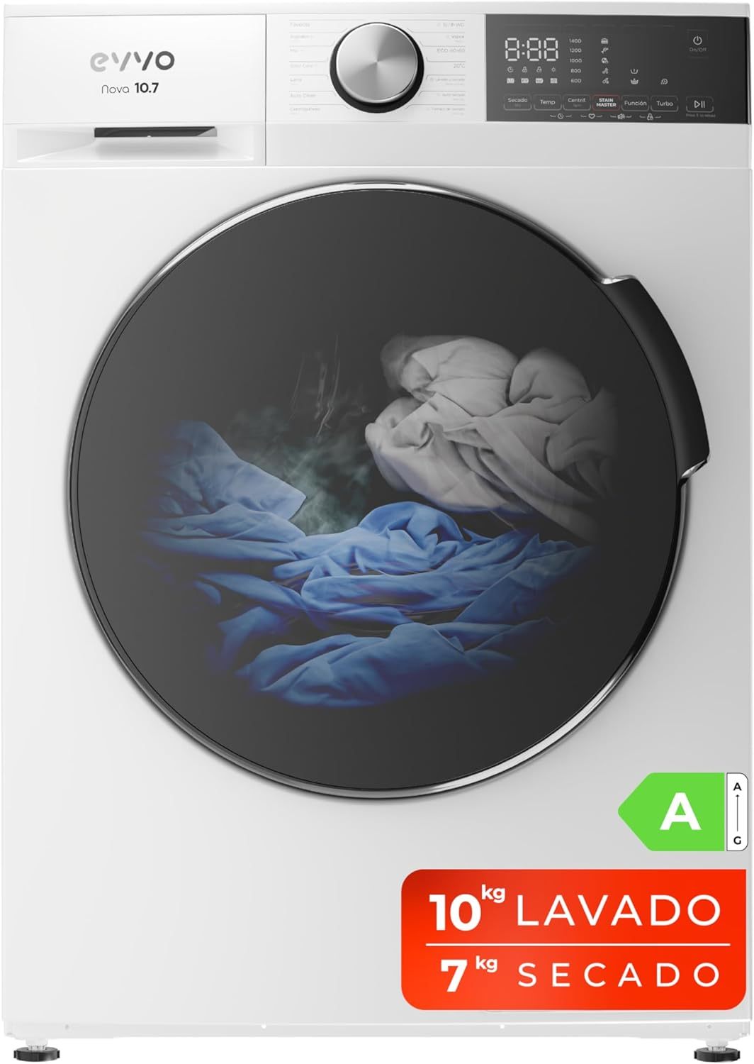 EVVO Lavadora Secadora Nova 107kg 10 kg / 7 kg, Vapor, Motor Inverter, 1400 rpm, Clase Energética A, Carga Frontal, Blanca-Cottauphut