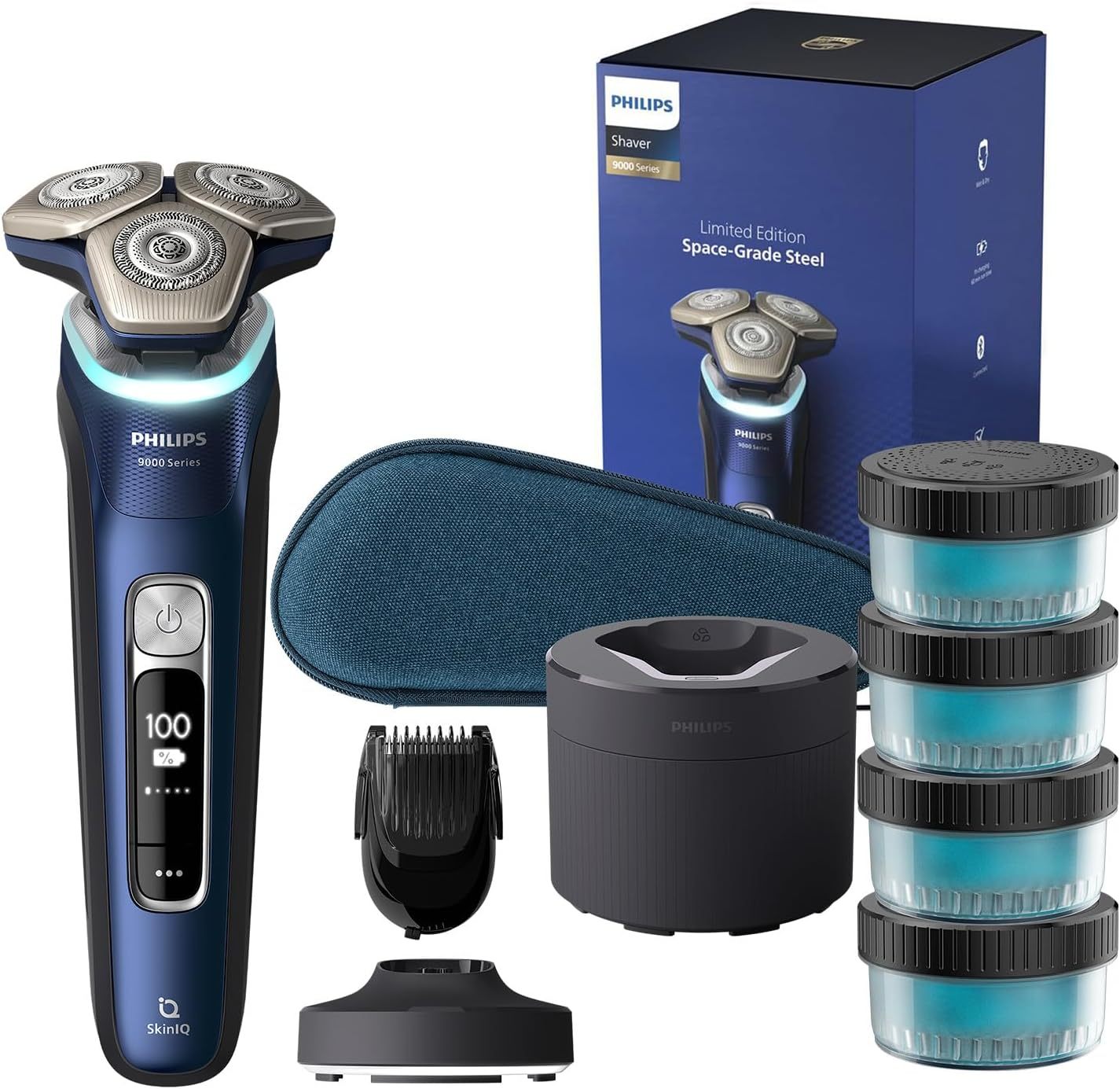Philips Serie 9000 Afeitadora Eléctrica Hombre S9980/74, Seco y Húmedo, 60 Min Autonomía, Barbero Integrado, Centro de Limpieza con 4 Cartuchos, Base de Carga Iluminada, Azul-Cottauphut