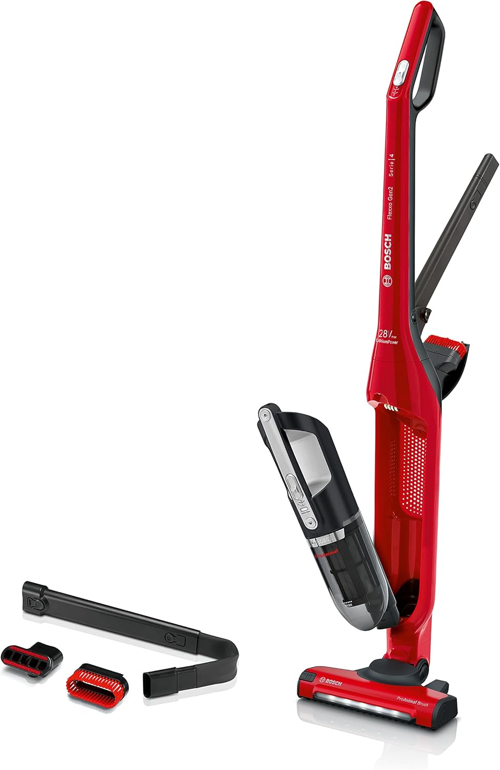 Bosch Serie 4 Flexxo Gen 2 Aspirador Vertical sin Cable 28V, 2 Velocidades, Depósito 0,4L, Filtro Lavable, Rojo-Cottauphut