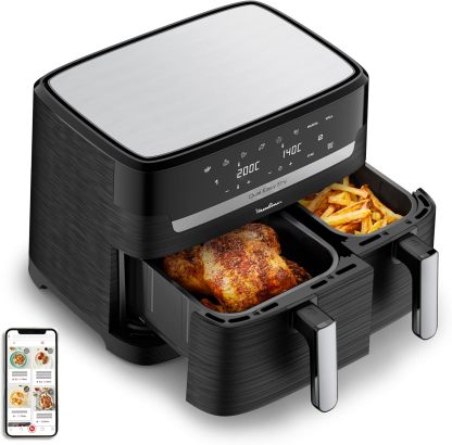 Moulinex Easy Fry Dual YY5545FB – Freidora sin Aceite, 8,3L, 2 Cajones, 7 Programas, Air Fryer Digital, Libro de 20 Recetas, Negro, 2450W-Cottauphut