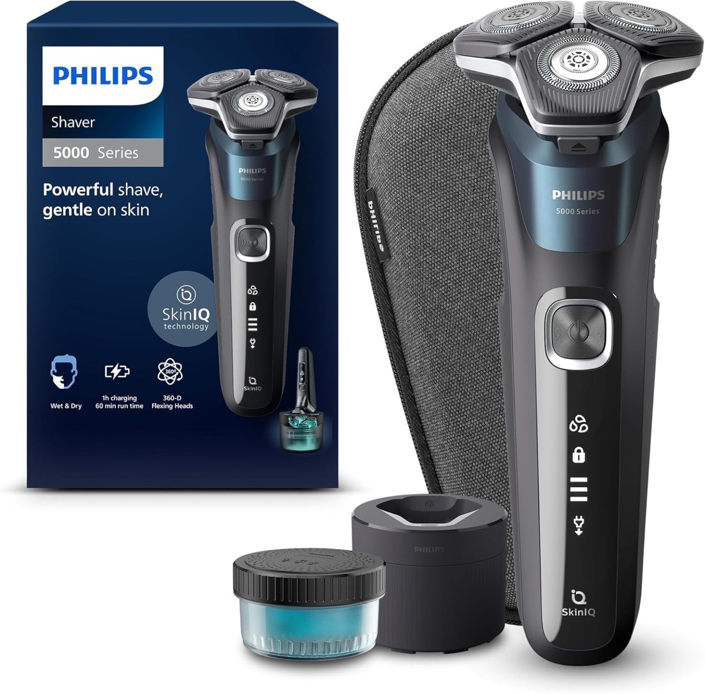 Philips Shaver Serie 5000 Afeitadora Eléctrica Hombre S5889/50, Wet & Dry con Tecnología SkinIQ, Cortapatillas Desplegable, 60 Min Autonomía, Quick Clean Pod, Estuche de Viaje, Azul Eléctrico-Cottauphut