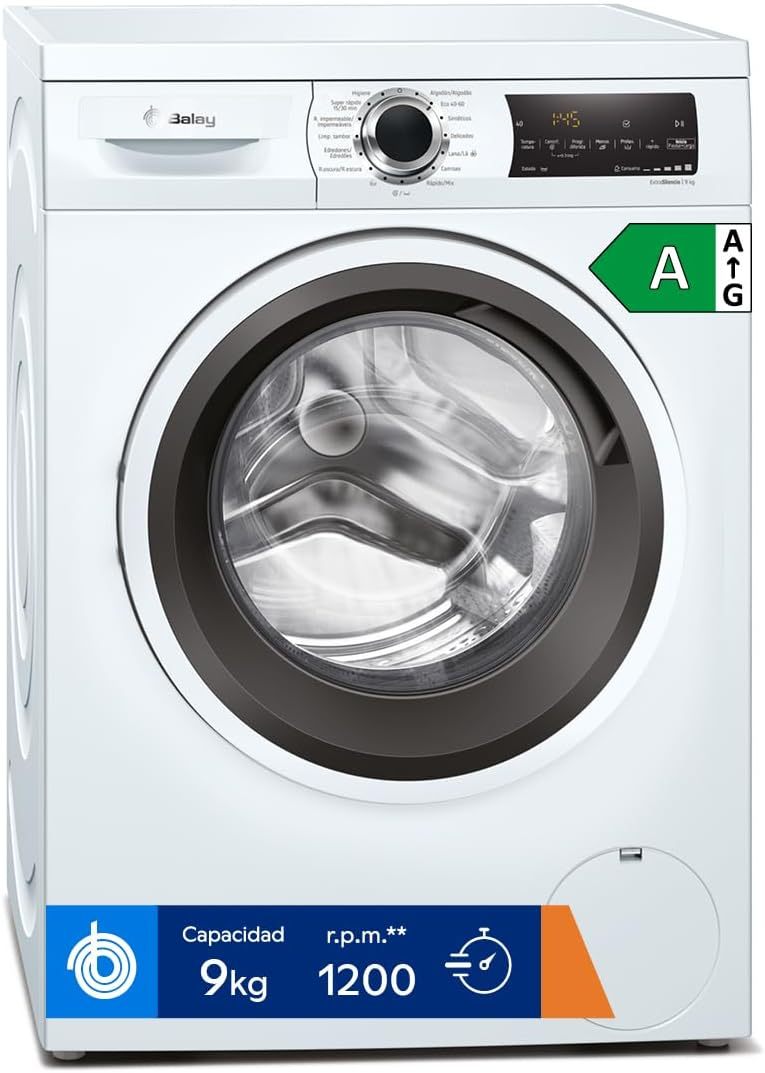 Balay Lavadora de Libre Instalación 9 kg 3TS993BP, Carga Frontal, Programa Súper Rápido y Rápidomix, Blanca-Cottauphut
